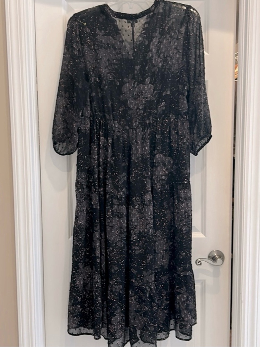 TORRID Sheer Black Dress gray floral print & rose gold specs, pockets, tiered 2X